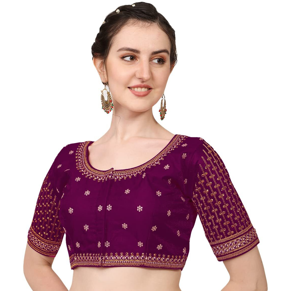 Pujia Mills Women's Cobra Silk Embroidery Coding Stone Work Half Sleeve Saree Blouse