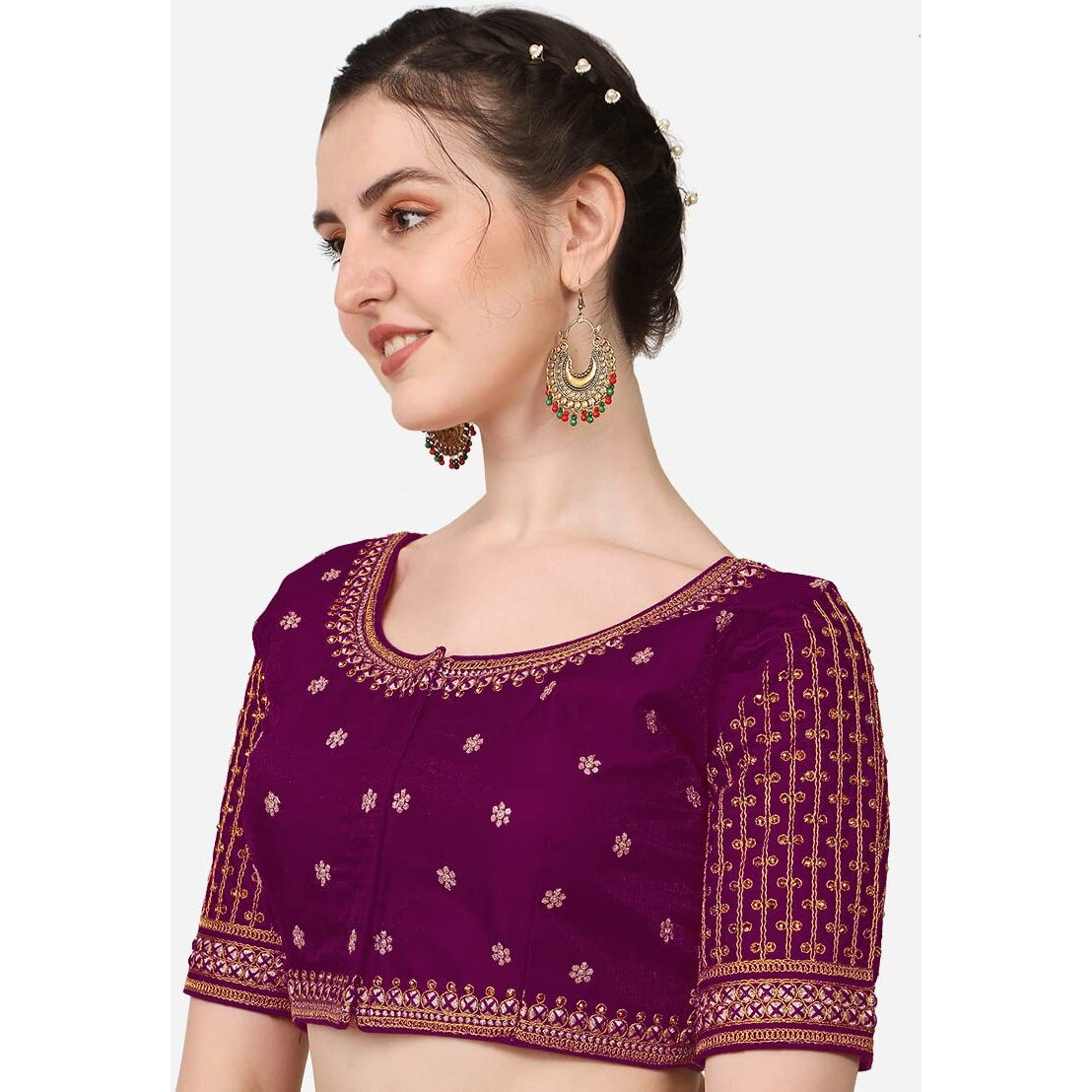 Pujia Mills Women's Cobra Silk Embroidery Coding Stone Work Half Sleeve Saree Blouse