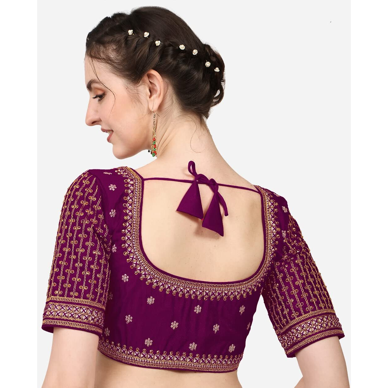 Pujia Mills Women's Cobra Silk Embroidery Coding Stone Work Half Sleeve Saree Blouse