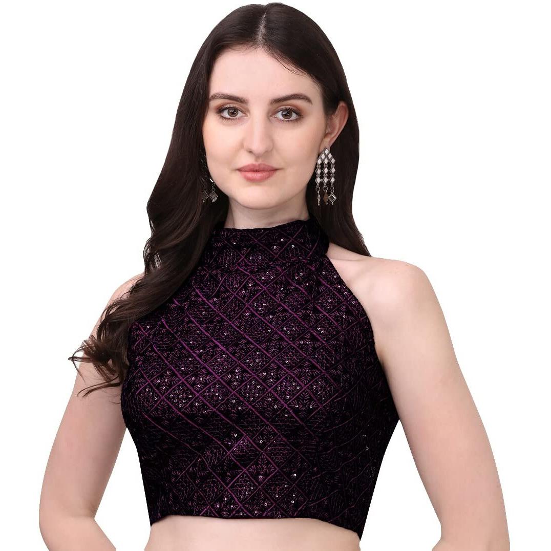 Pujia Mills Women's Wine Sleeveless Blouse For Women Halter Neck Chickenkari Sequins Work Readymade Saree Blouse (Diamond Halter Neck Wine, 36)