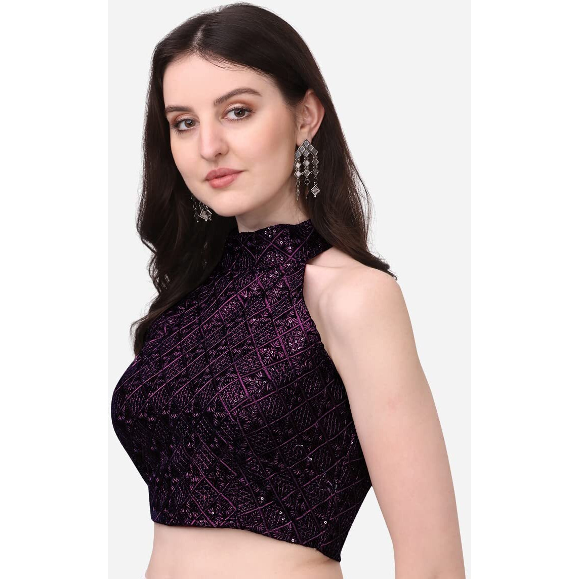 Pujia Mills Women's Wine Sleeveless Blouse For Women Halter Neck Chickenkari Sequins Work Readymade Saree Blouse (Diamond Halter Neck Wine, 36)