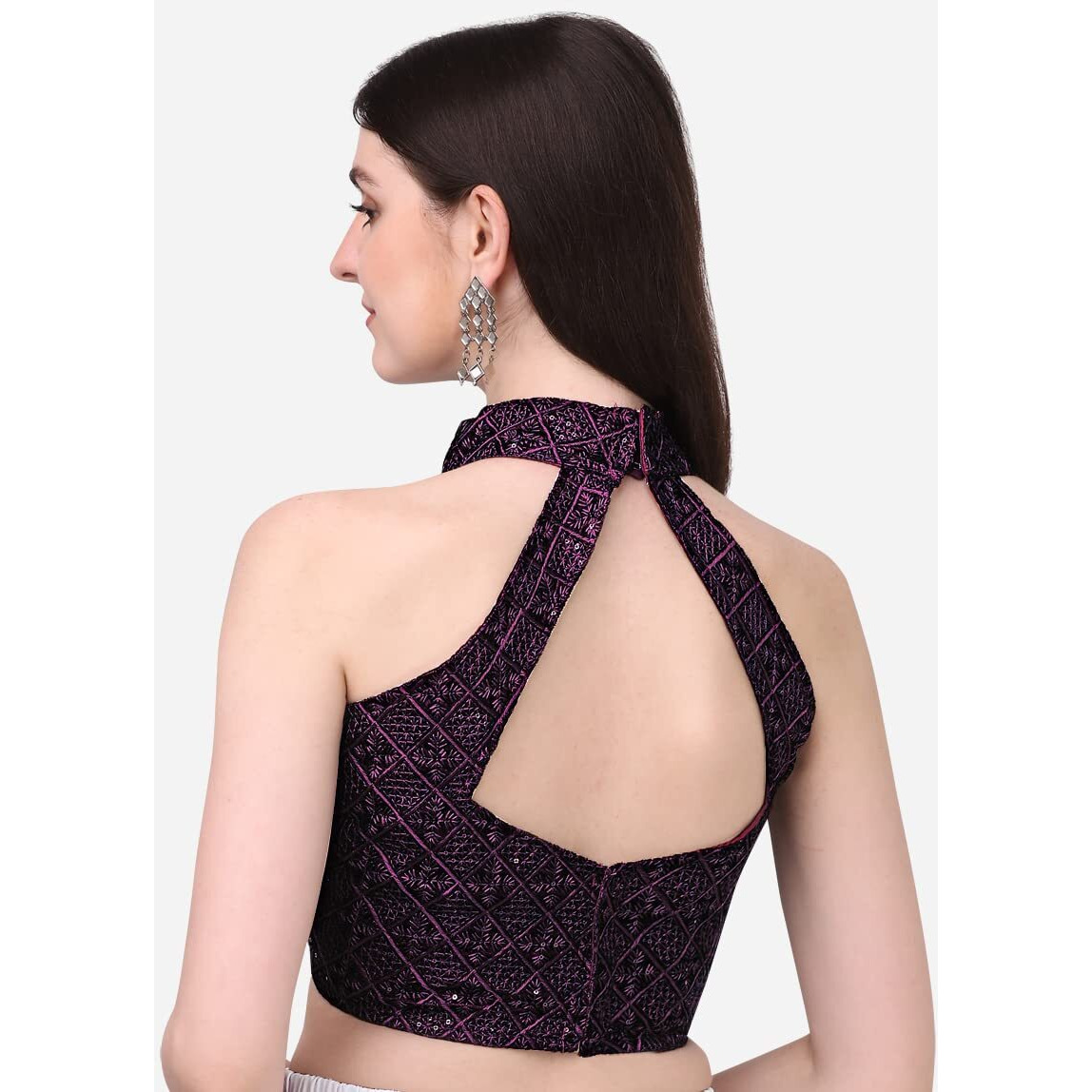 Pujia Mills Women's Wine Sleeveless Blouse For Women Halter Neck Chickenkari Sequins Work Readymade Saree Blouse (Diamond Halter Neck Wine, 36)
