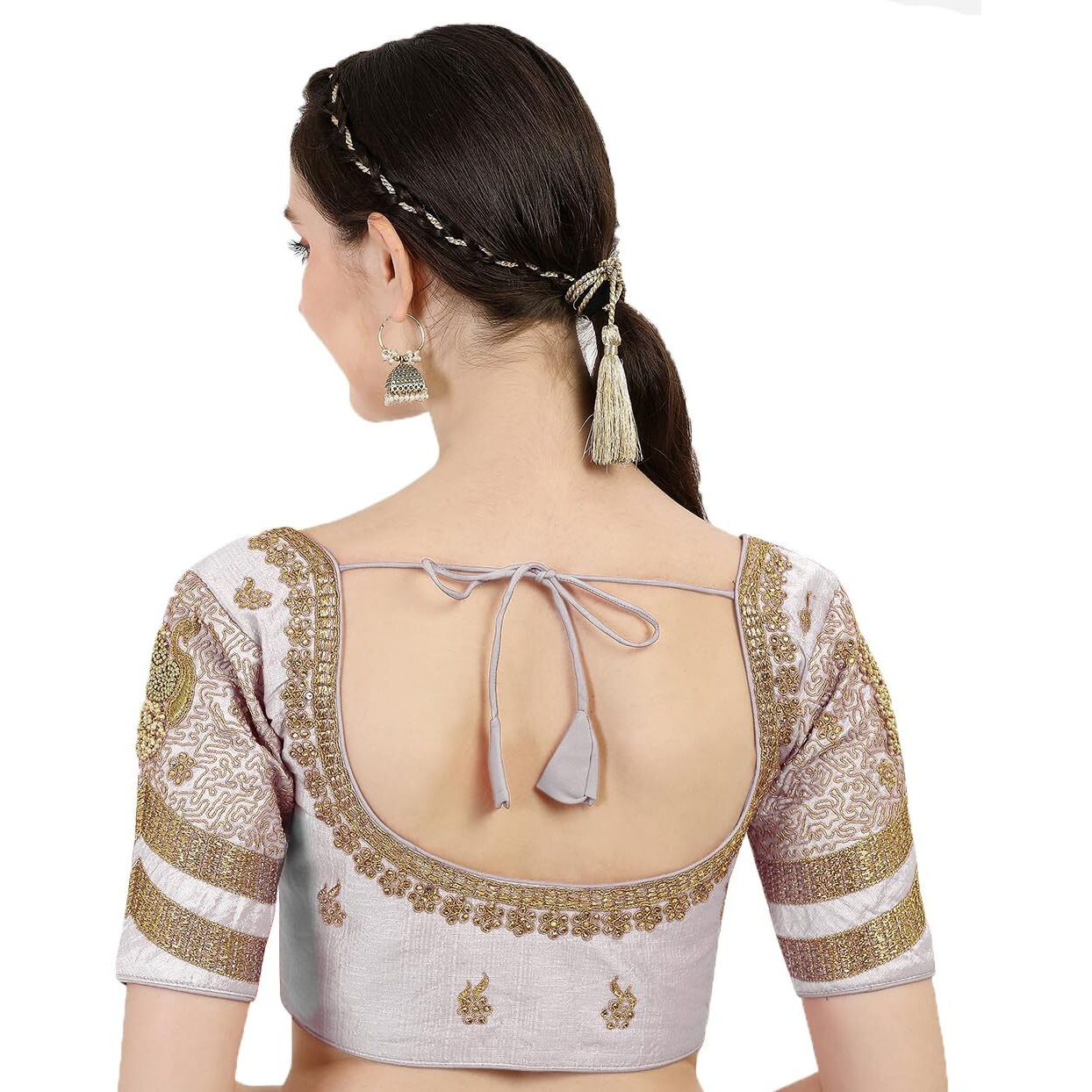 Pujia Mills Women's Silk Readymade Stylish Design Half Sleeve Maggam Designs Pattu Aari Work Blouse For Wedding (White Color, 38)
