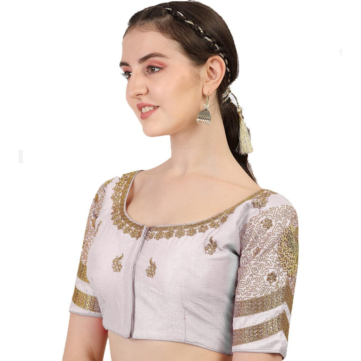 Pujia Mills Women's Silk Readymade Stylish Design Half Sleeve Maggam Designs Pattu Aari Work Blouse For Wedding (White Color, 38)