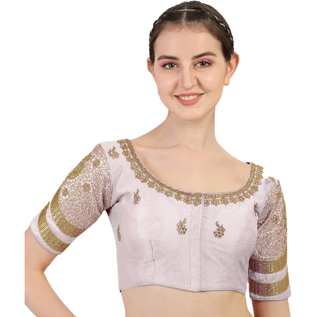 Pujia Mills Women's Silk Readymade Stylish Design Half Sleeve Maggam Designs Pattu Aari Work Blouse For Wedding (White Color, 38)