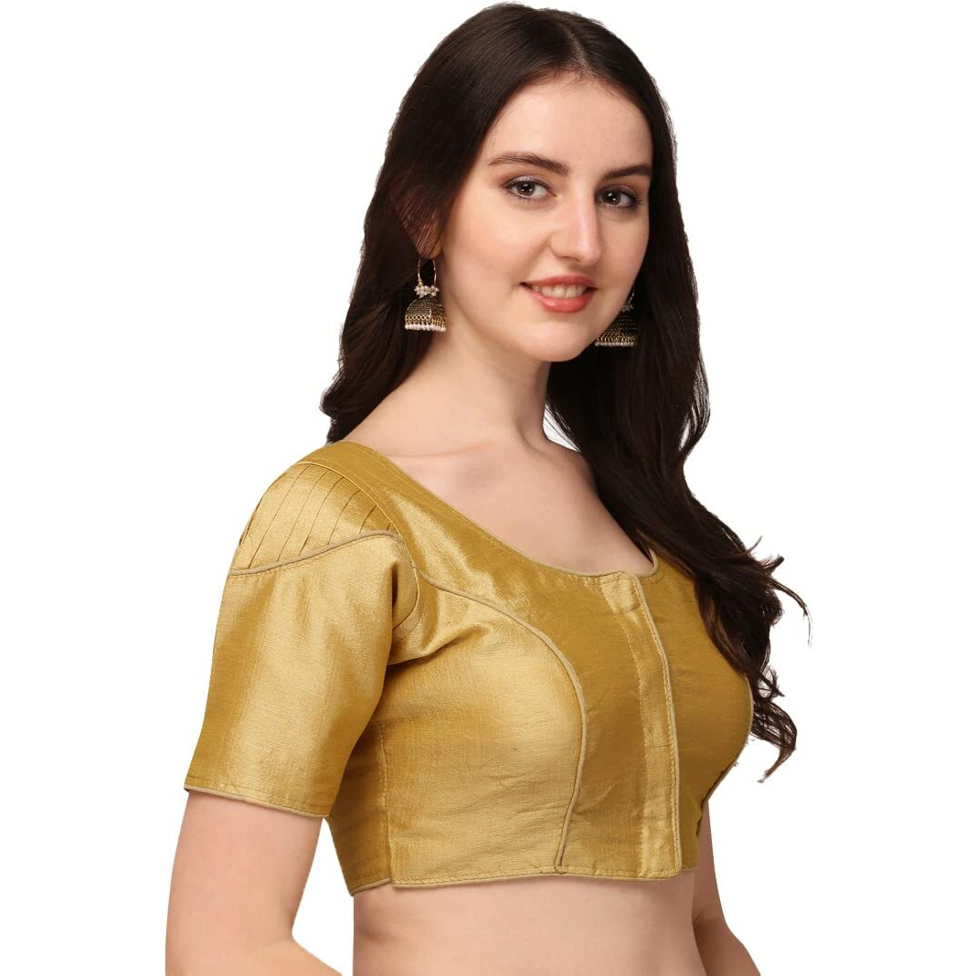 Pujia Mills Women's Silk Puff Sleeve Readymade Saree Blouse (Puffy_Chiku_38)