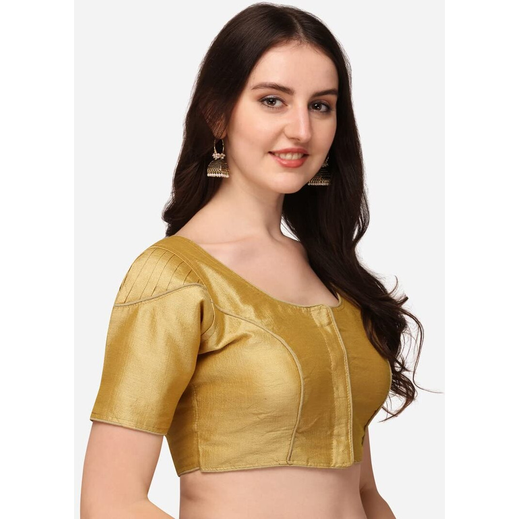 Pujia Mills Women's Silk Puff Sleeve Readymade Saree Blouse (Puffy_Chiku_38)