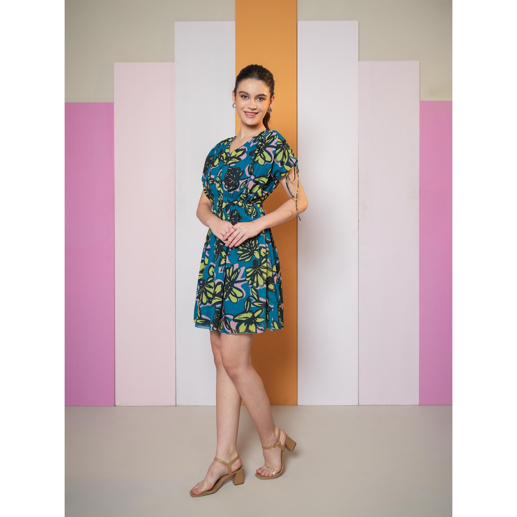 Purvaja Womens Fit & Flare Above Knee Length Dress (Floe-013_Rama_Medium)