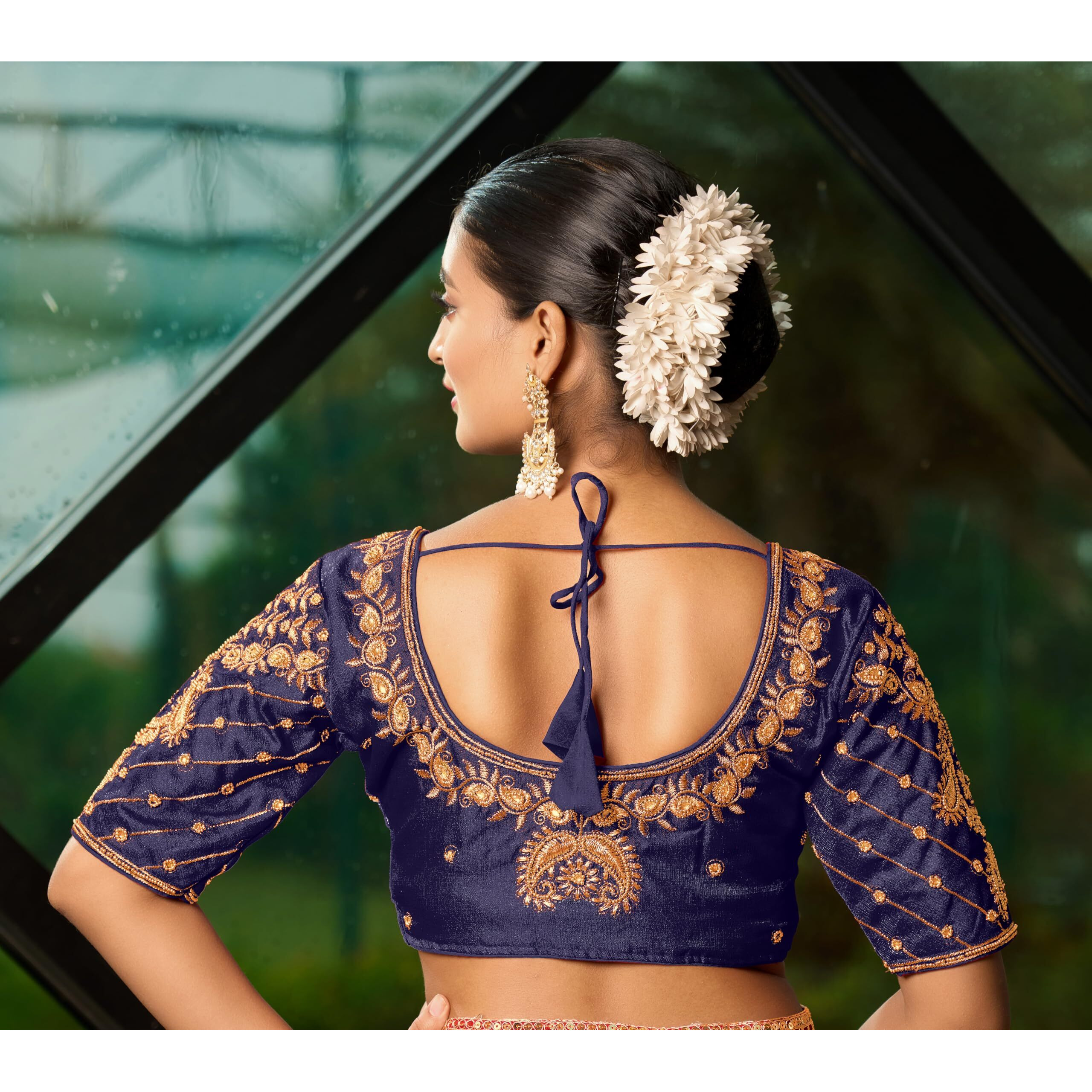 Pujia Mills Women's Readymade Blouse Embroidery Multi Coding Maggam Work Sequence Work Indian Ethnic Designer Stitched Readymade Saree Half Sleeve Navy Blouse For Women For Saree Lehenga Choli