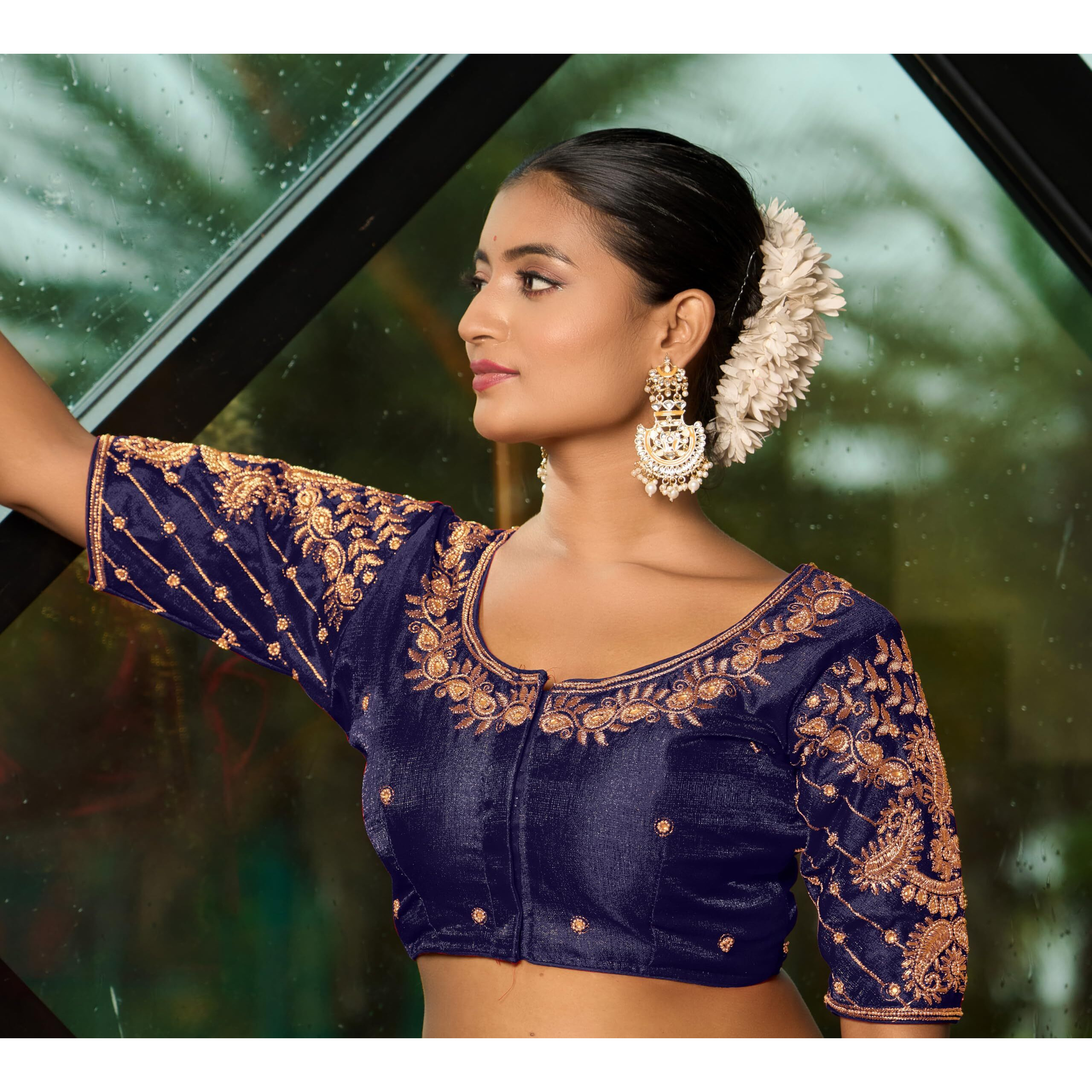Pujia Mills Women's Readymade Blouse Embroidery Multi Coding Maggam Work Sequence Work Indian Ethnic Designer Stitched Readymade Saree Half Sleeve Navy Blouse For Women For Saree Lehenga Choli
