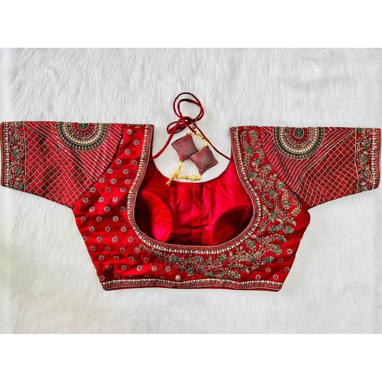 Pujia Mills Women's Copper Zari Milan Silk Multi Codding Embroidery With Sequins Half Sleeve Red Fancy Blouse 42