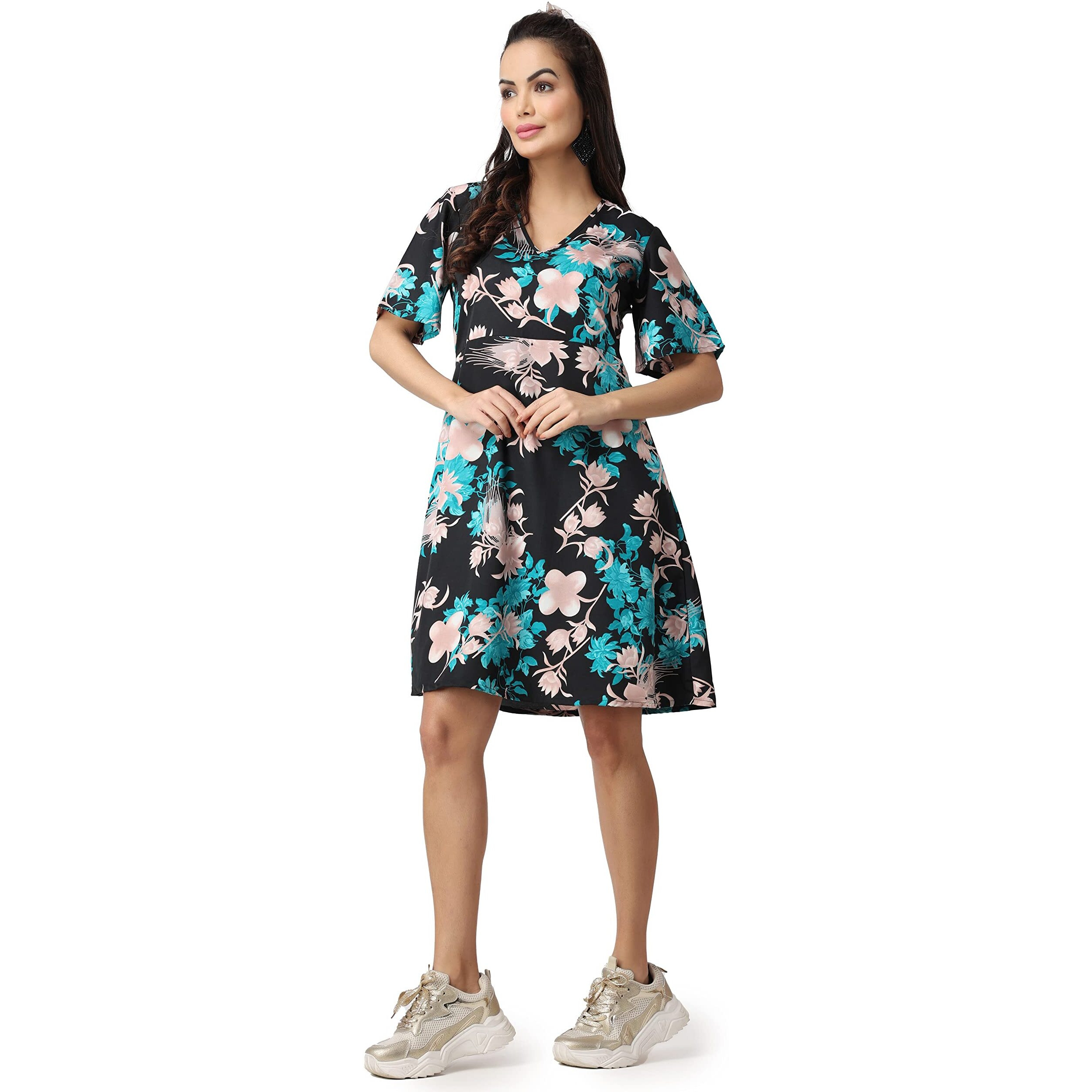 Popwings Casual Printed V-Neck Short Sleeves Knee-Length Fit And Flare Dress For Women || Frokc-Style Summer Wear Dresses For Women || Loose-Fit Comfortable Women Dress For Regular Wear Multicolour