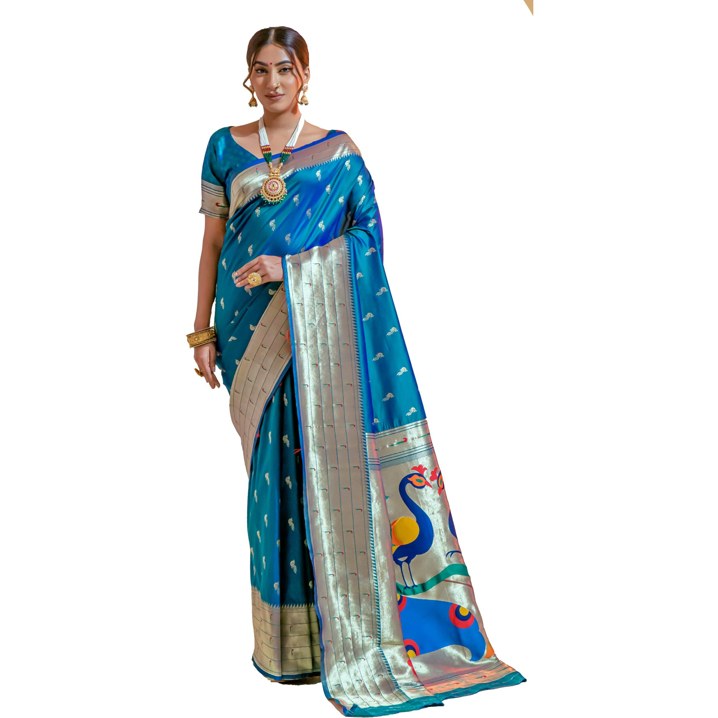 Pujia Mills Woman Pure Banarasi Silk Paithani Saree Indian Ethnic Wear Kanjivaram Saree With Heavy Golden Zari Woven Border With Unique Peacock Designe Rich Pallu Saree Sky Blue Wedding Saree 2025