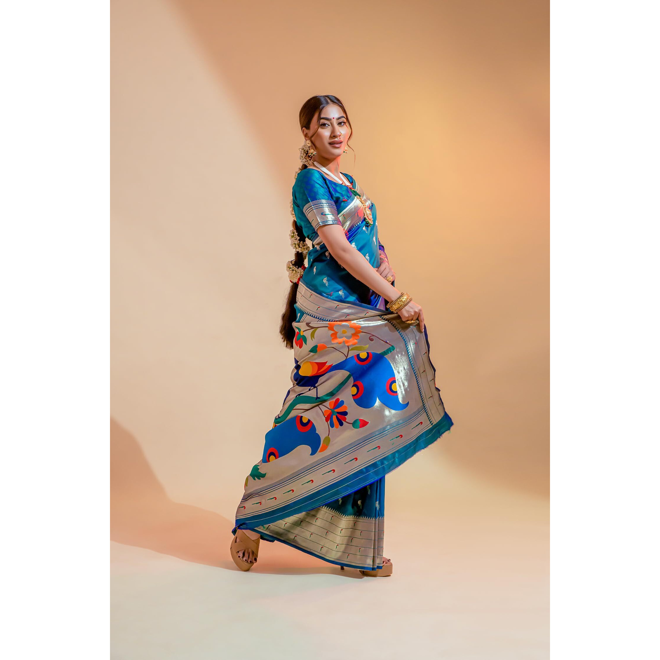 Pujia Mills Woman Pure Banarasi Silk Paithani Saree Indian Ethnic Wear Kanjivaram Saree With Heavy Golden Zari Woven Border With Unique Peacock Designe Rich Pallu Saree Sky Blue Wedding Saree 2025