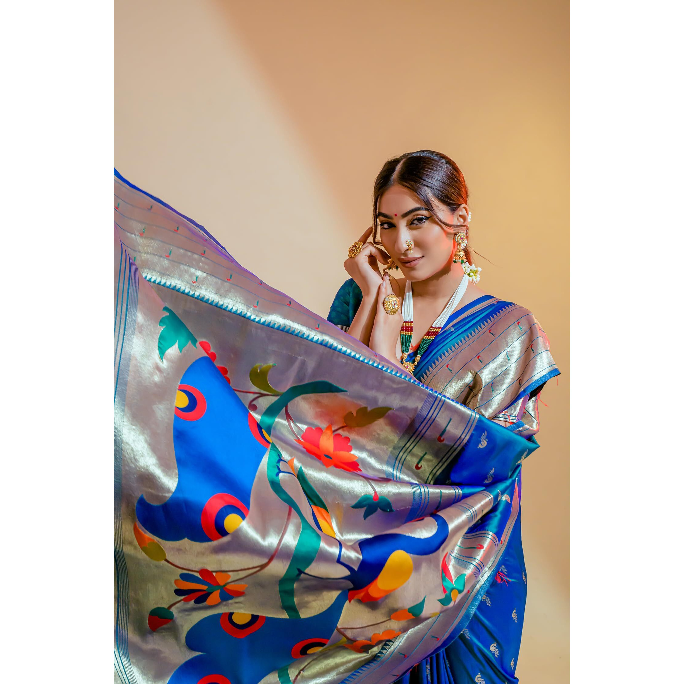 Pujia Mills Woman Pure Banarasi Silk Paithani Saree Indian Ethnic Wear Kanjivaram Saree With Heavy Golden Zari Woven Border With Unique Peacock Designe Rich Pallu Saree Sky Blue Wedding Saree 2025