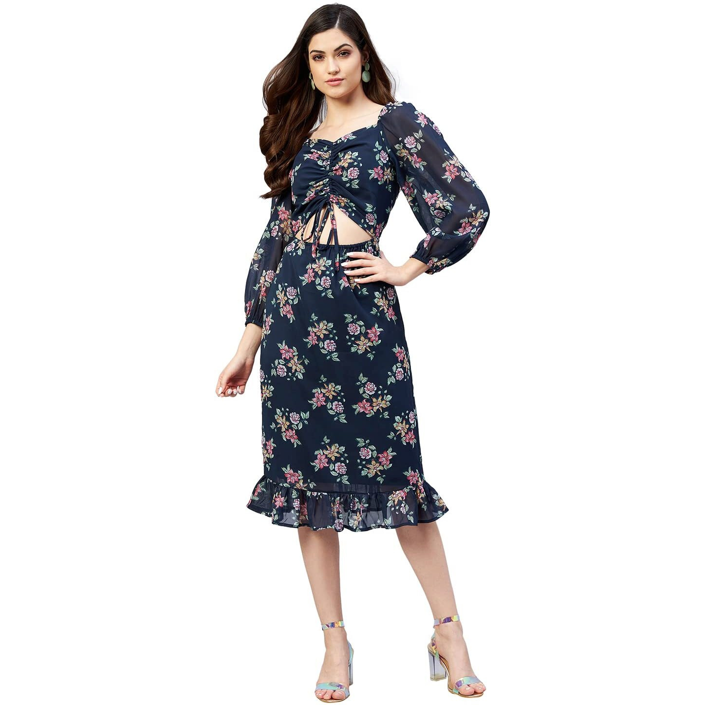 Rare Women Casual Navy Blue Colour A-Line Midi Floral Dress,Medium