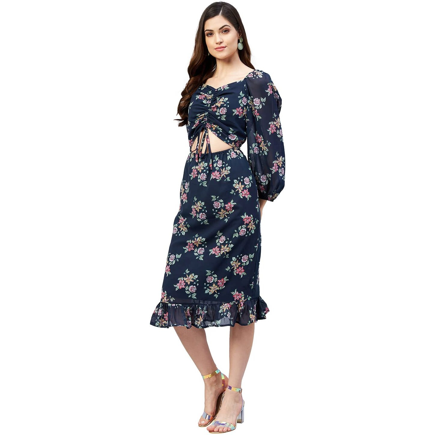 Rare Women Casual Navy Blue Colour A-Line Midi Floral Dress,Medium