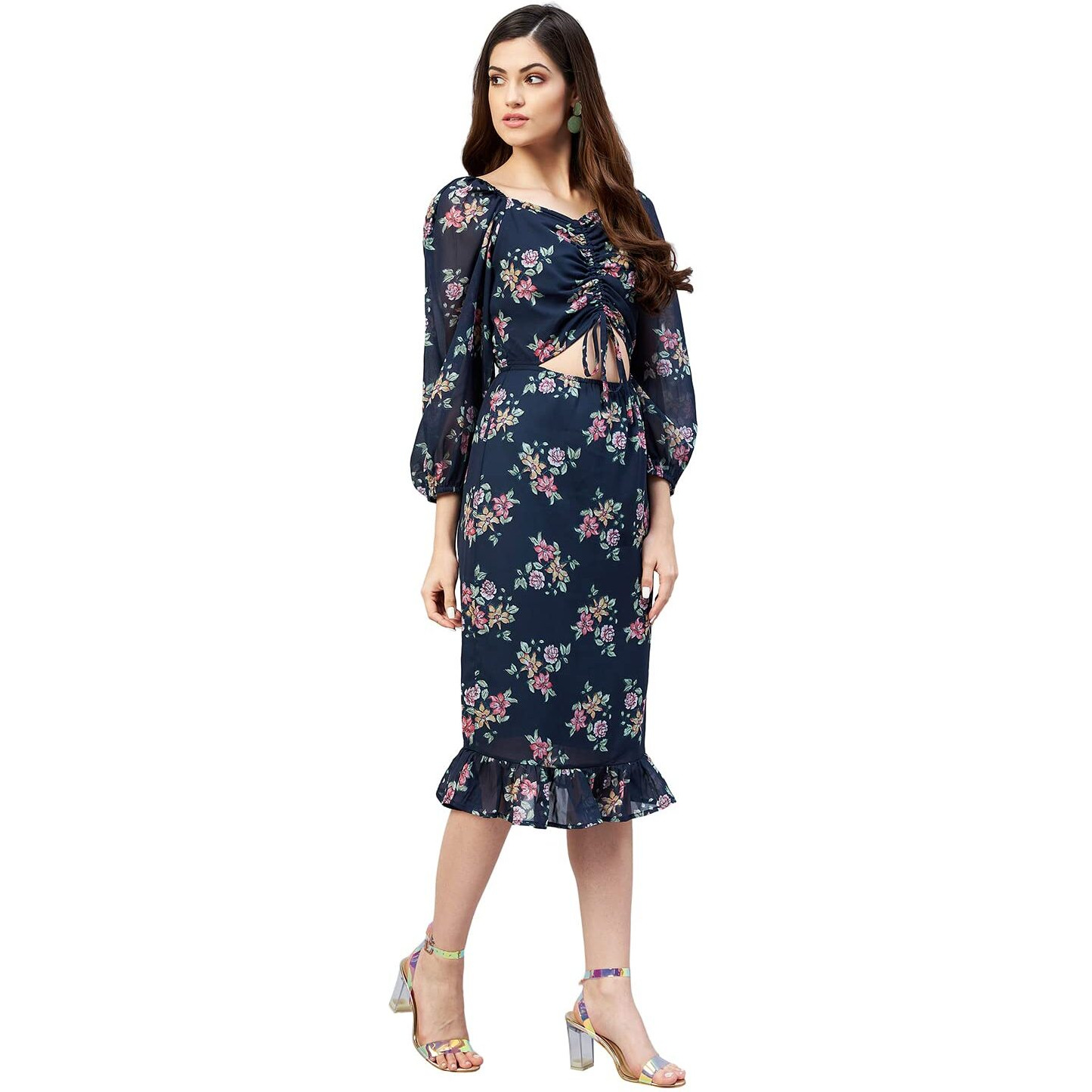 Rare Women Casual Navy Blue Colour A-Line Midi Floral Dress,Medium