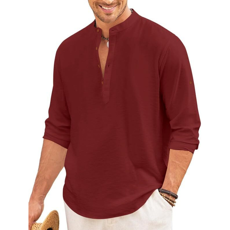 Royalscout Men's Regular Fit Solid Cotton Blend Straight Short Kurta | Full Sleeves Kurta Maroon