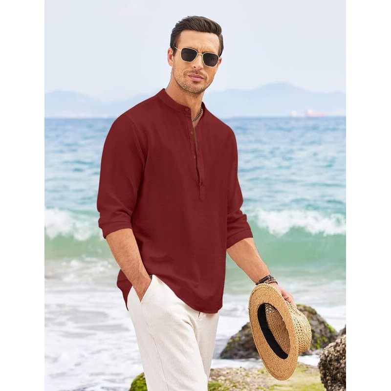 Royalscout Men's Regular Fit Solid Cotton Blend Straight Short Kurta | Full Sleeves Kurta Maroon