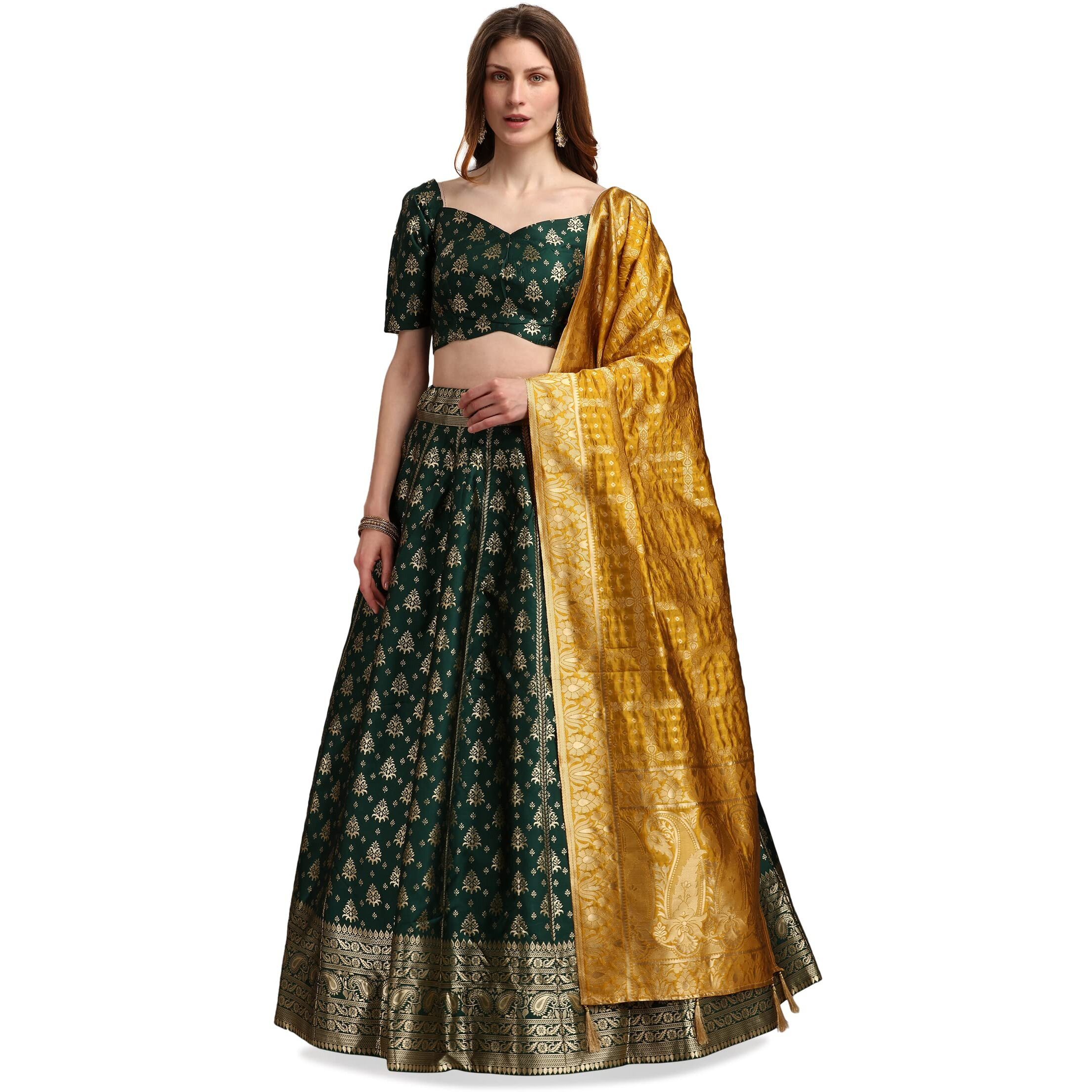 Purvaja Women's Jacquard Semi-Stitched Lehenga Choli (Trisha-D-Green_Green_Free Size)