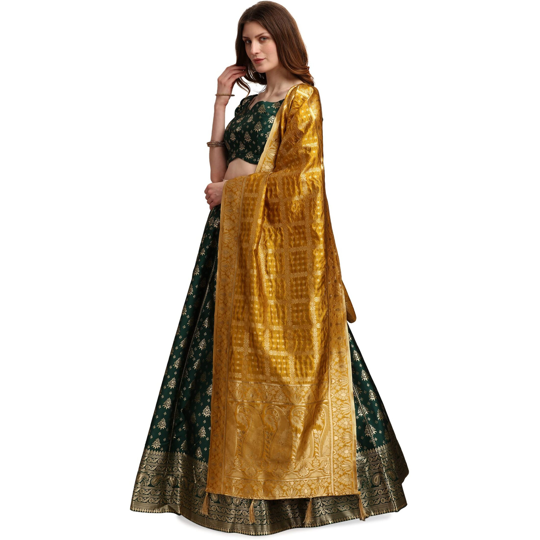 Purvaja Women's Jacquard Semi-Stitched Lehenga Choli (Trisha-D-Green_Green_Free Size)