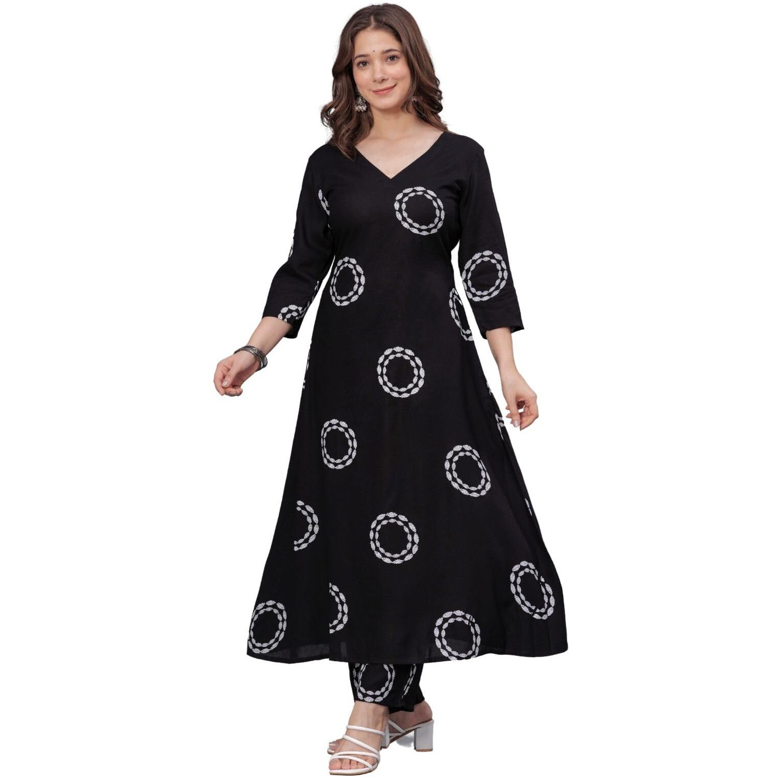 Rytras Women's Rayon Printed Anarkali Kurta Set With Palazzo Pants - Ethnic Wear, Black(Ryt591,L)