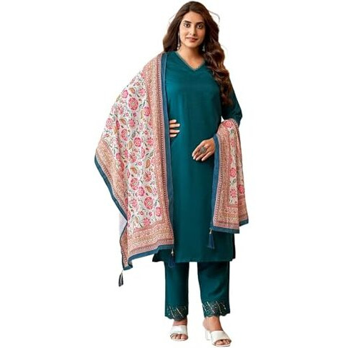 Sanisa Women's Cotton Blend Sequence Embroidered Lace Work Straight Kurta With Pant And Dupatta Set (206Kbd2190N-S_Rama Blue)