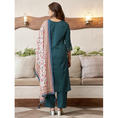 Sanisa Women's Cotton Blend Sequence Embroidered Lace Work Straight Kurta With Pant And Dupatta Set (206Kbd2190N-S_Rama Blue)