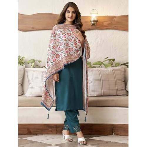 Sanisa Women's Cotton Blend Sequence Embroidered Lace Work Straight Kurta With Pant And Dupatta Set (206Kbd2190N-S_Rama Blue)