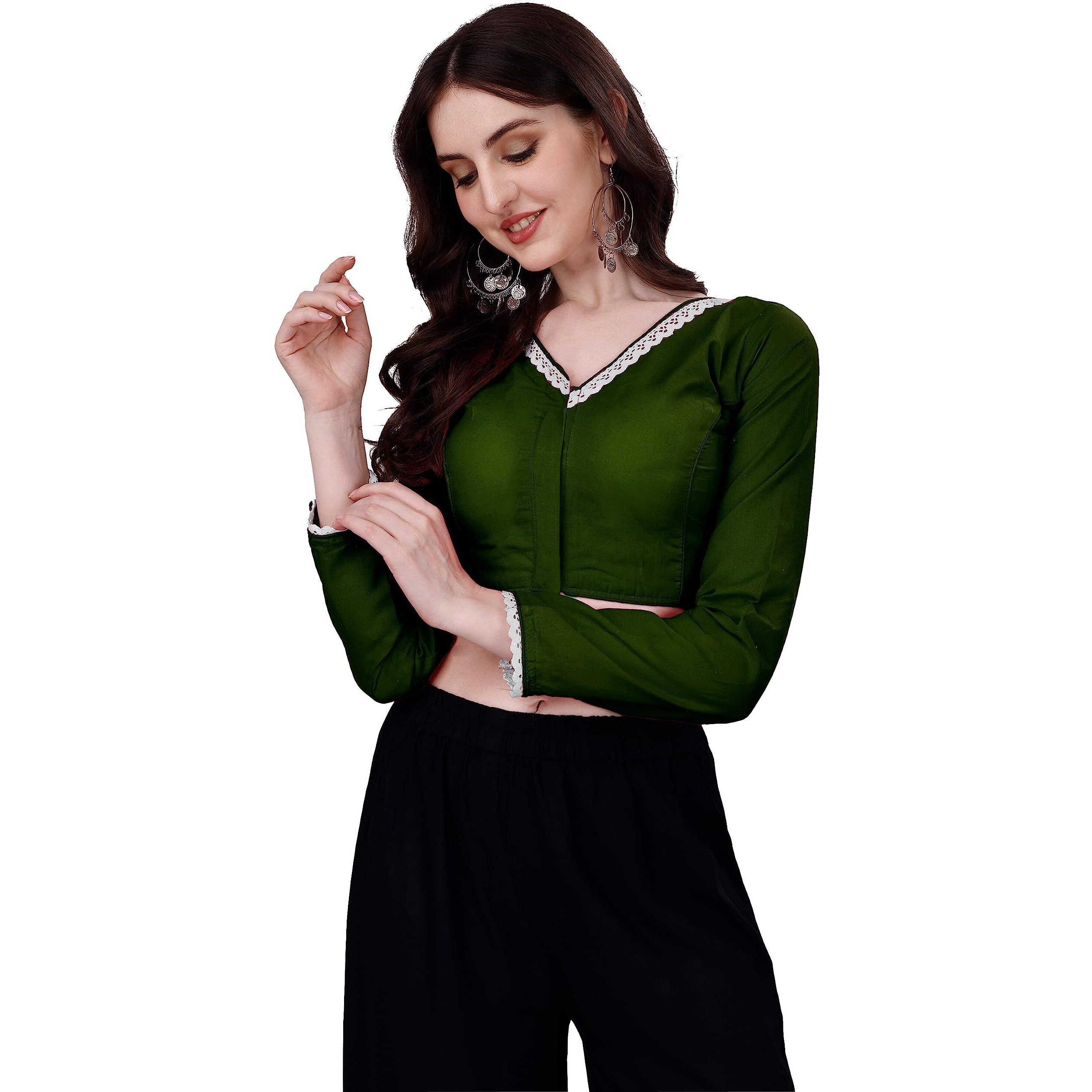 Pujia Mills Women's Satin Silk V Neck Full Sleeve Stylish Mehendi Green Blouse(Tanya 3 Mehendi Green)