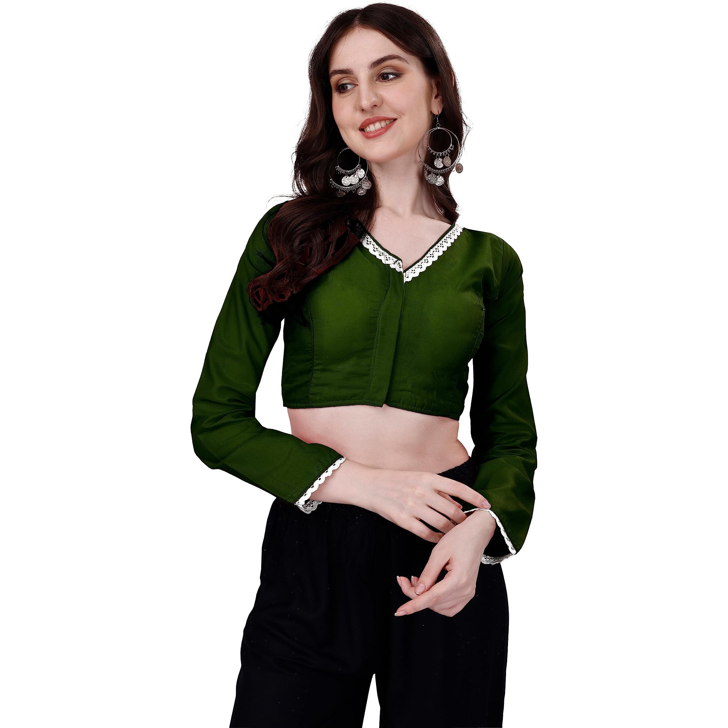 Pujia Mills Women's Satin Silk V Neck Full Sleeve Stylish Mehendi Green Blouse(Tanya 3 Mehendi Green)