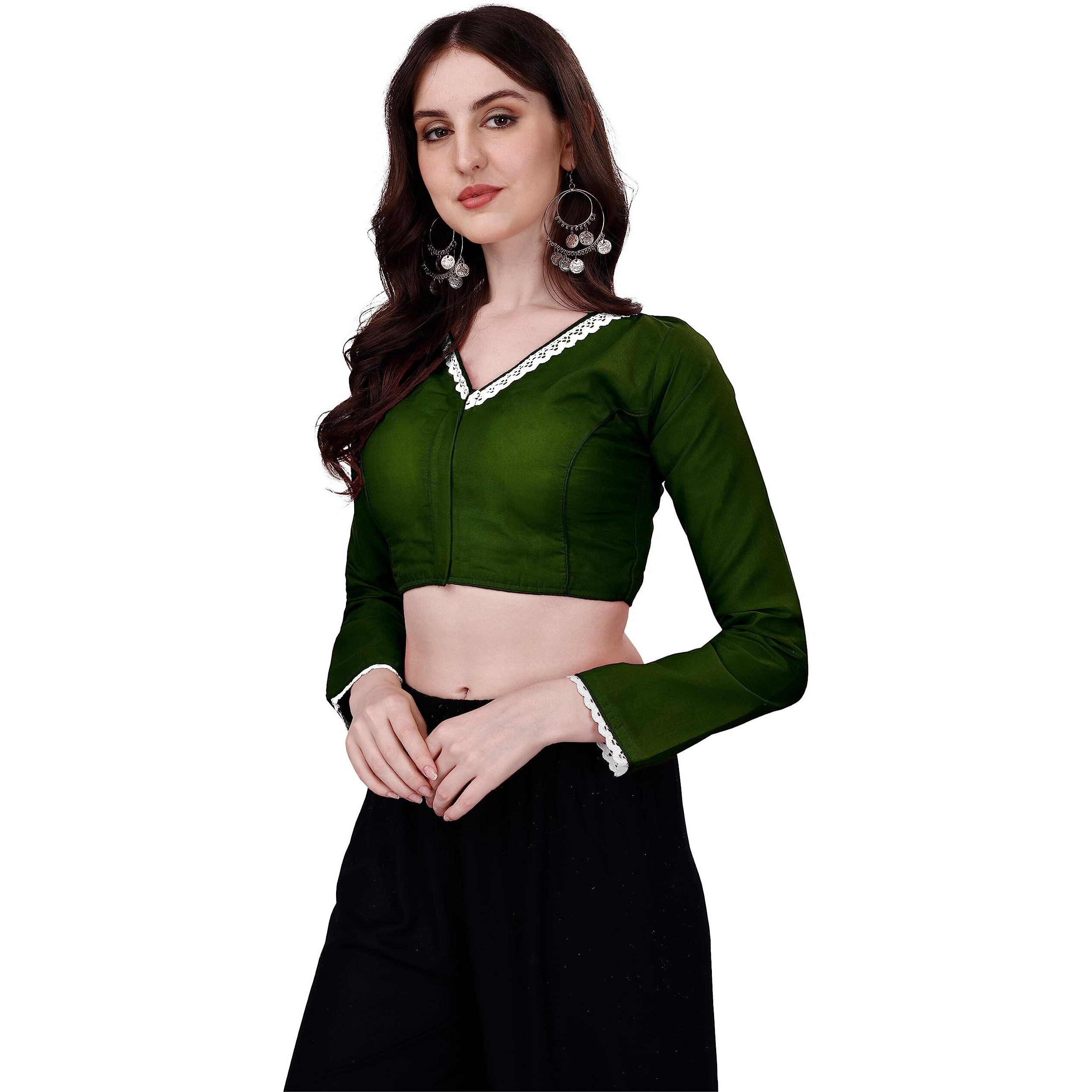 Pujia Mills Women's Satin Silk V Neck Full Sleeve Stylish Mehendi Green Blouse(Tanya 3 Mehendi Green)