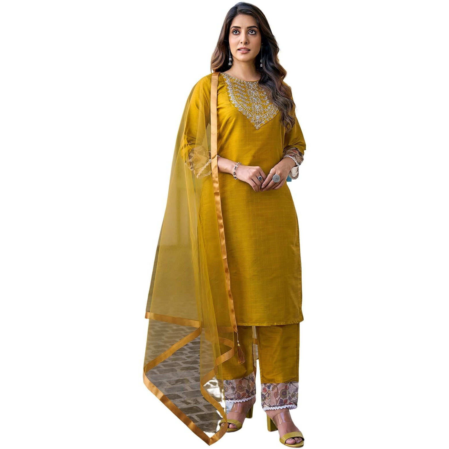 Sanisa Women's Art Silk Sequence Embroidery Work Straight Kurta With Pant And Dupatta Set (163Kbd1753Nr-L_Mustard Yellow)