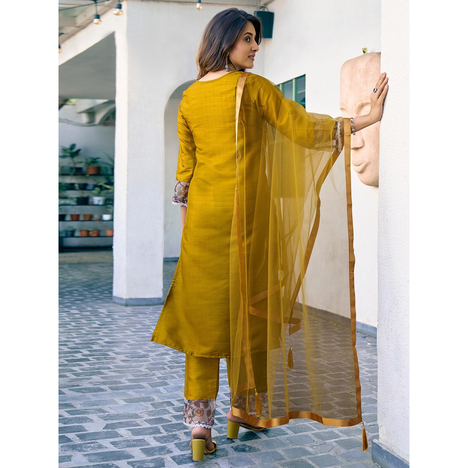 Sanisa Women's Art Silk Sequence Embroidery Work Straight Kurta With Pant And Dupatta Set (163Kbd1753Nr-L_Mustard Yellow)