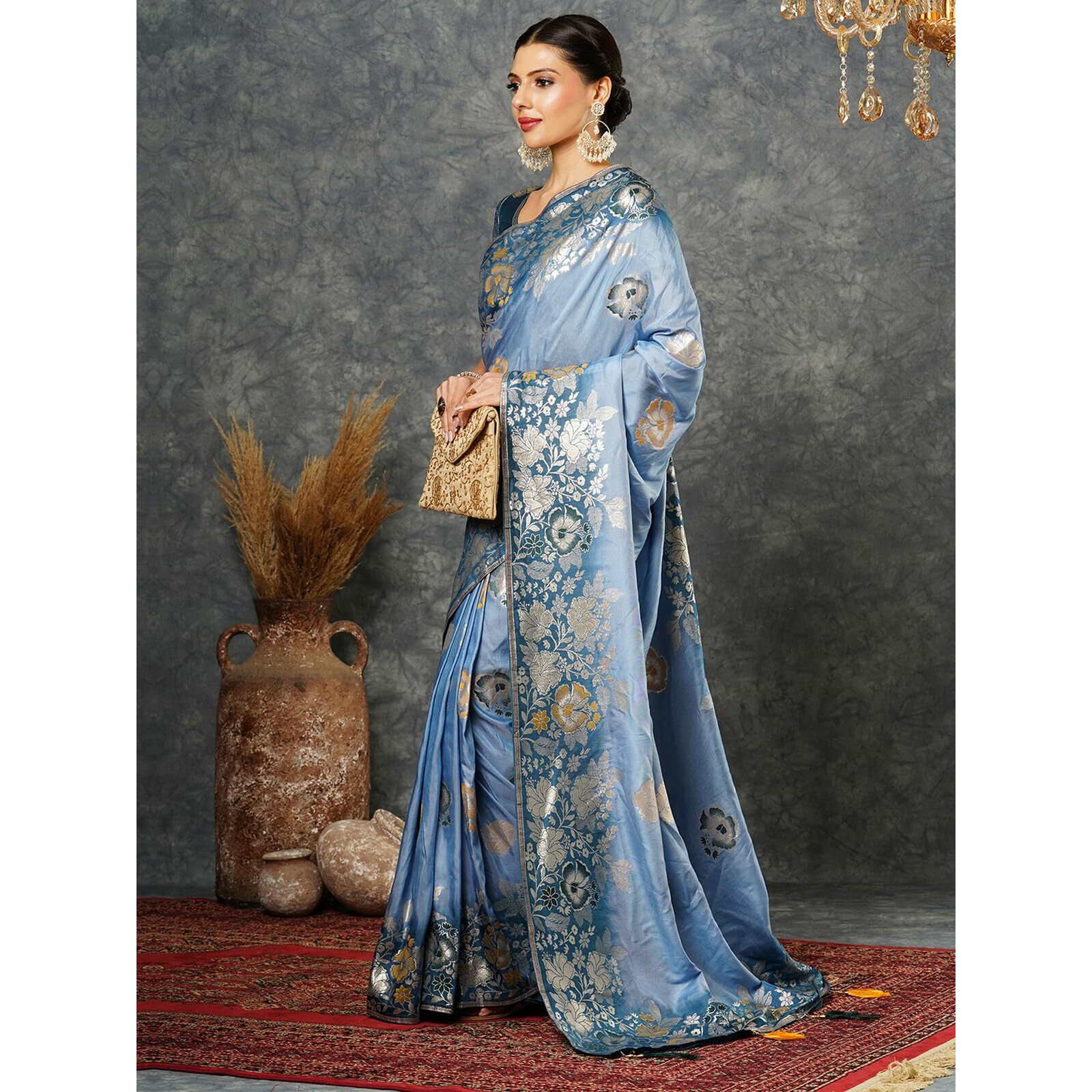 Satrani Women's Cotton Silk Dual Tone Banarasi Jacquard Saree With Unstitched Blouse Piece (3879S103N_Dusty Blue & Rama Blue)