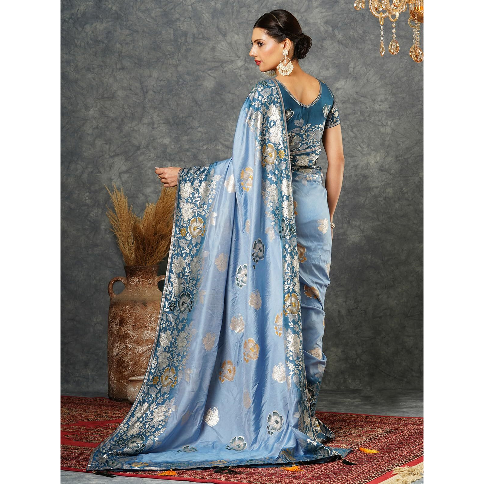 Satrani Women's Cotton Silk Dual Tone Banarasi Jacquard Saree With Unstitched Blouse Piece (3879S103N_Dusty Blue & Rama Blue)