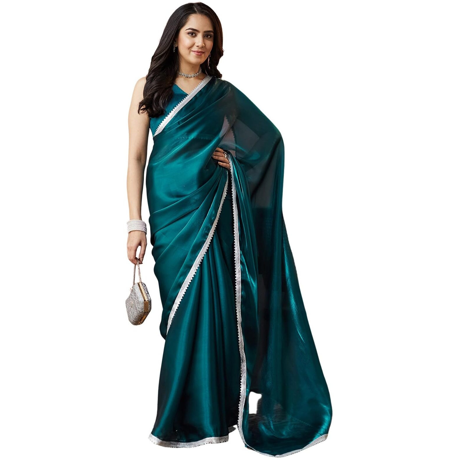Satrani Women's Tissue Silk Jimmy Choo Lace Work Saree With Unstitched Blouse Piece (4056S6373N_Rama Green)