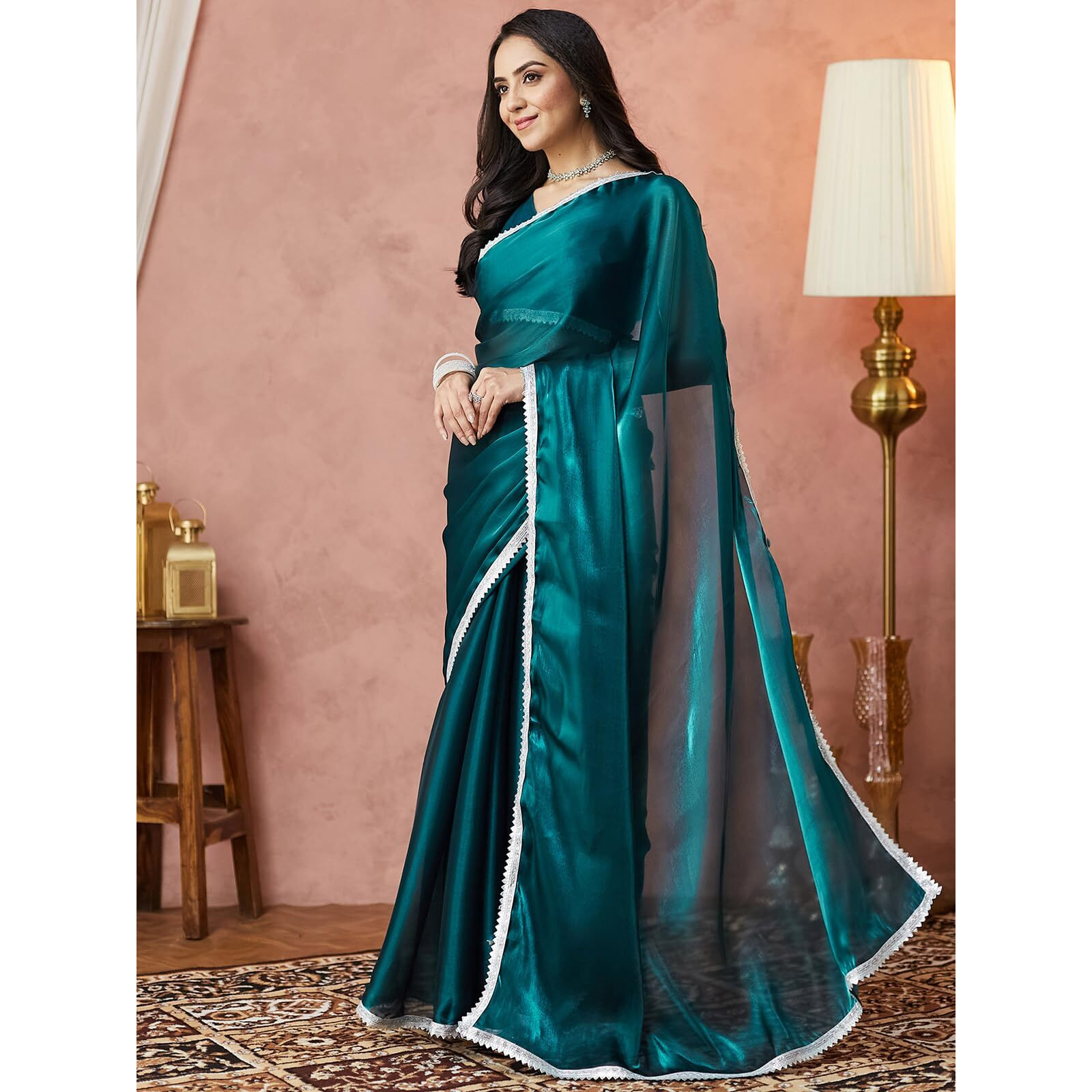 Satrani Women's Tissue Silk Jimmy Choo Lace Work Saree With Unstitched Blouse Piece (4056S6373N_Rama Green)