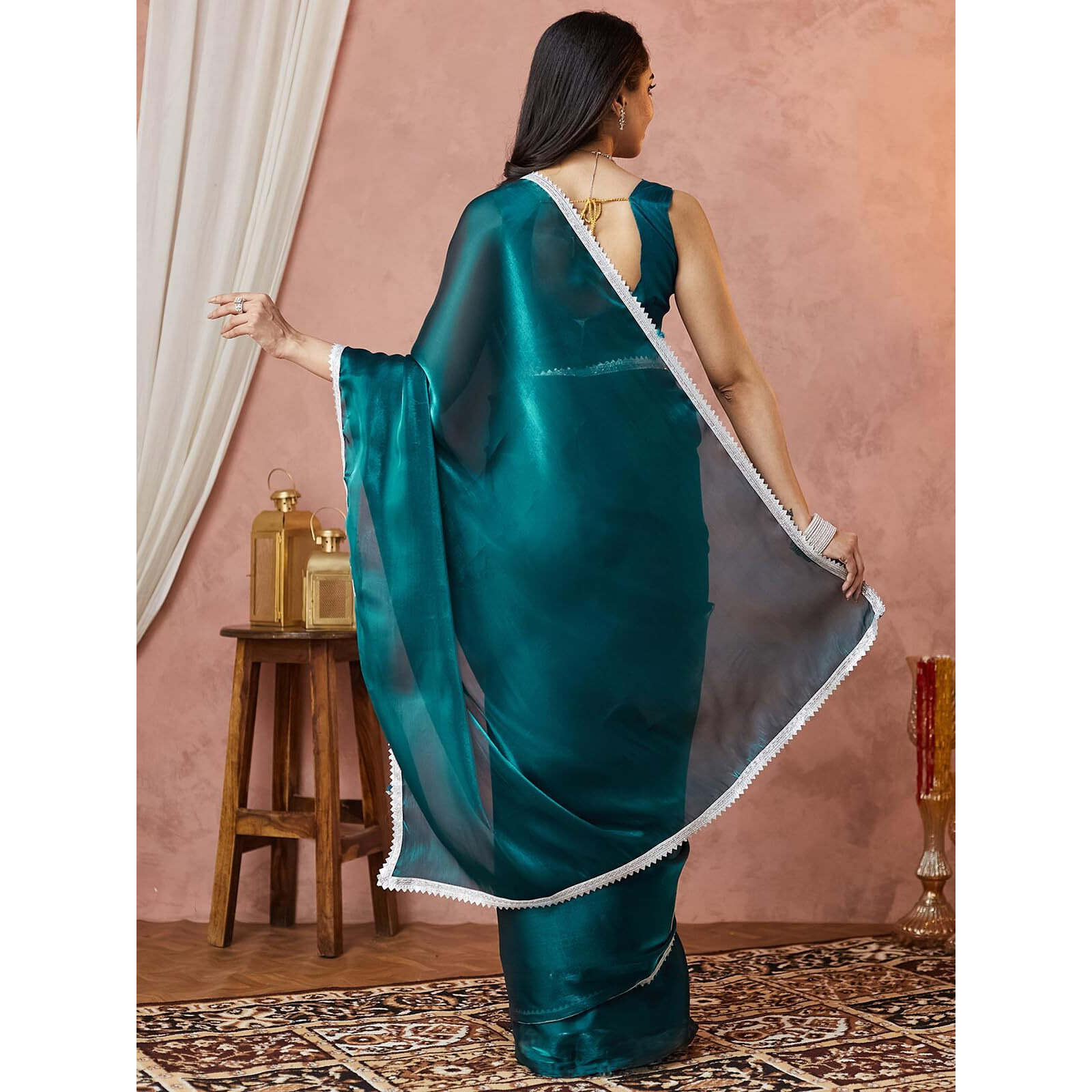 Satrani Women's Tissue Silk Jimmy Choo Lace Work Saree With Unstitched Blouse Piece (4056S6373N_Rama Green)