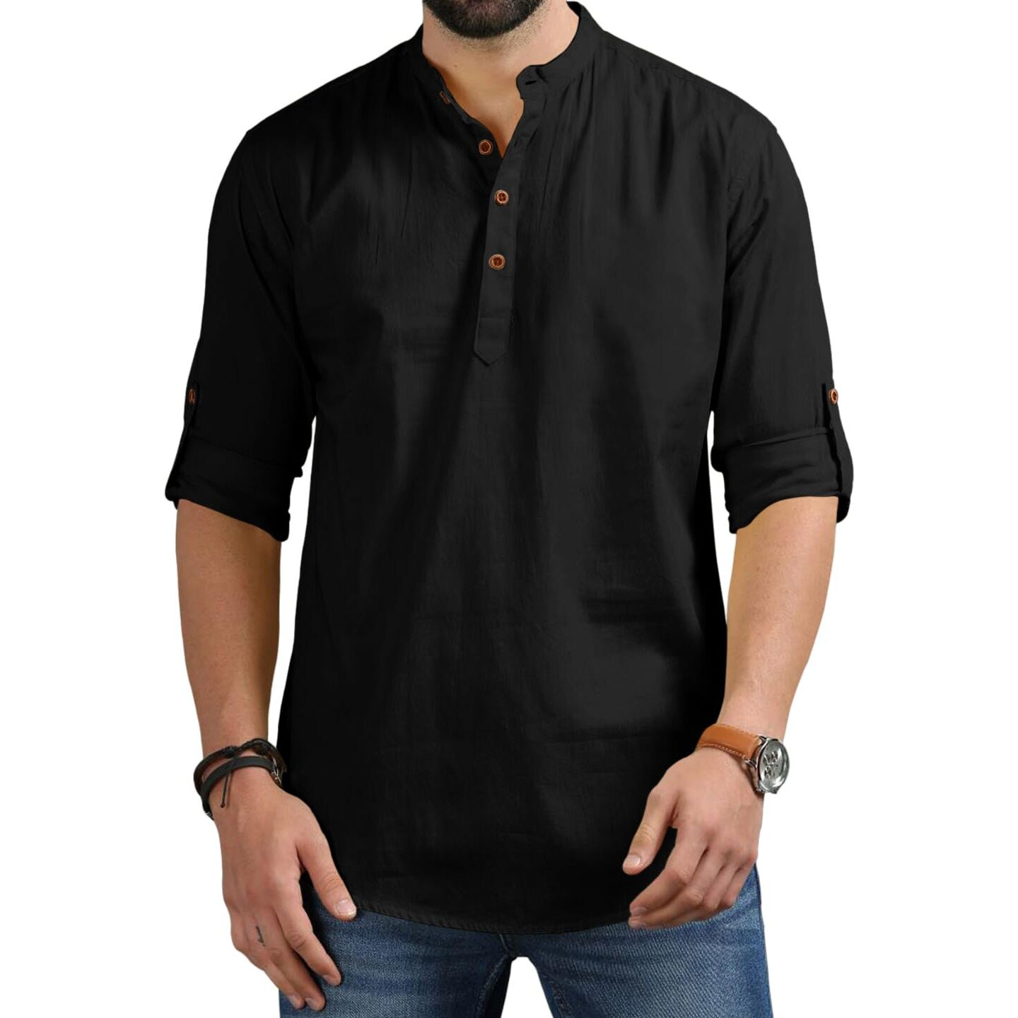 Royalscout Men's Cotton Polyester Blend Solid Regular Fit Full Sleeve Short Kurta (In, Alpha, Xl, Black)