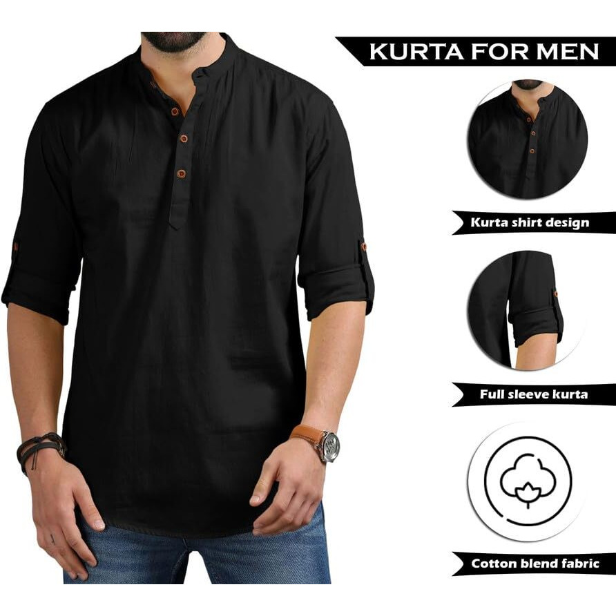 Royalscout Men's Cotton Polyester Blend Solid Regular Fit Full Sleeve Short Kurta (In, Alpha, Xl, Black)