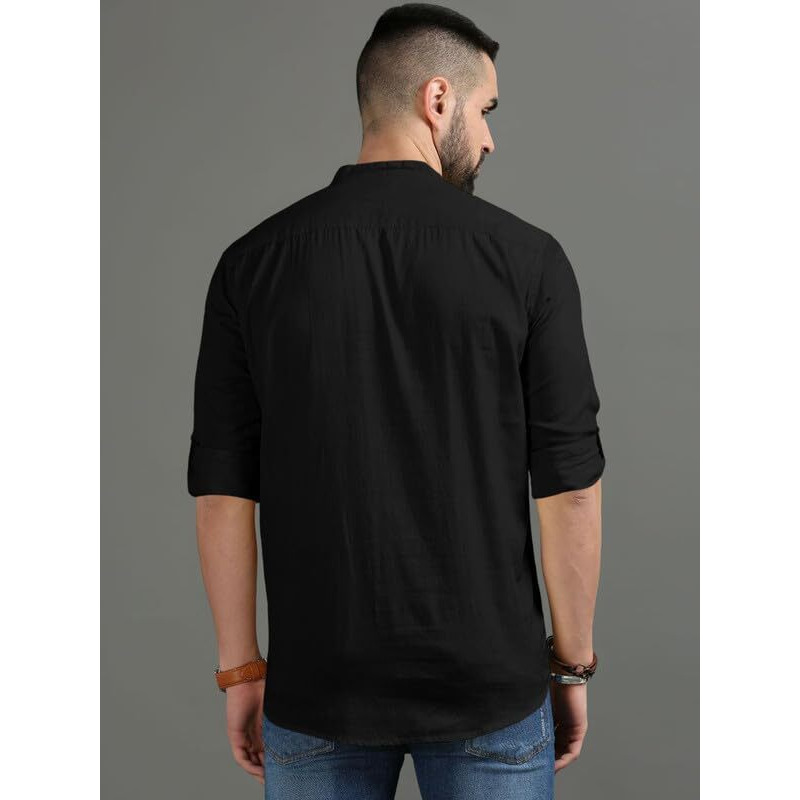 Royalscout Men's Cotton Polyester Blend Solid Regular Fit Full Sleeve Short Kurta (In, Alpha, Xl, Black)