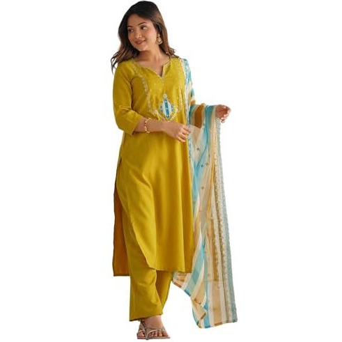 Sanisa Women's Silk Embroidery And Sequins Work Straight Kurta With Pant And Dupatta Set (238Kbd2512N-S_Mustard Yellow)