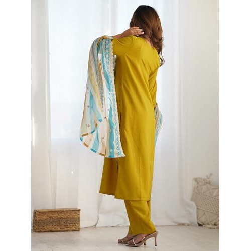 Sanisa Women's Silk Embroidery And Sequins Work Straight Kurta With Pant And Dupatta Set (238Kbd2512N-S_Mustard Yellow)