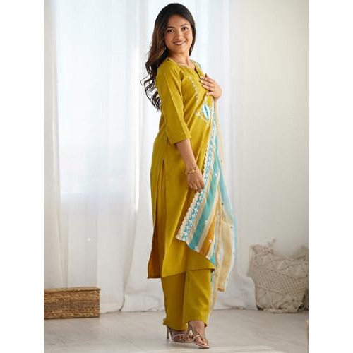 Sanisa Women's Silk Embroidery And Sequins Work Straight Kurta With Pant And Dupatta Set (238Kbd2512N-S_Mustard Yellow)