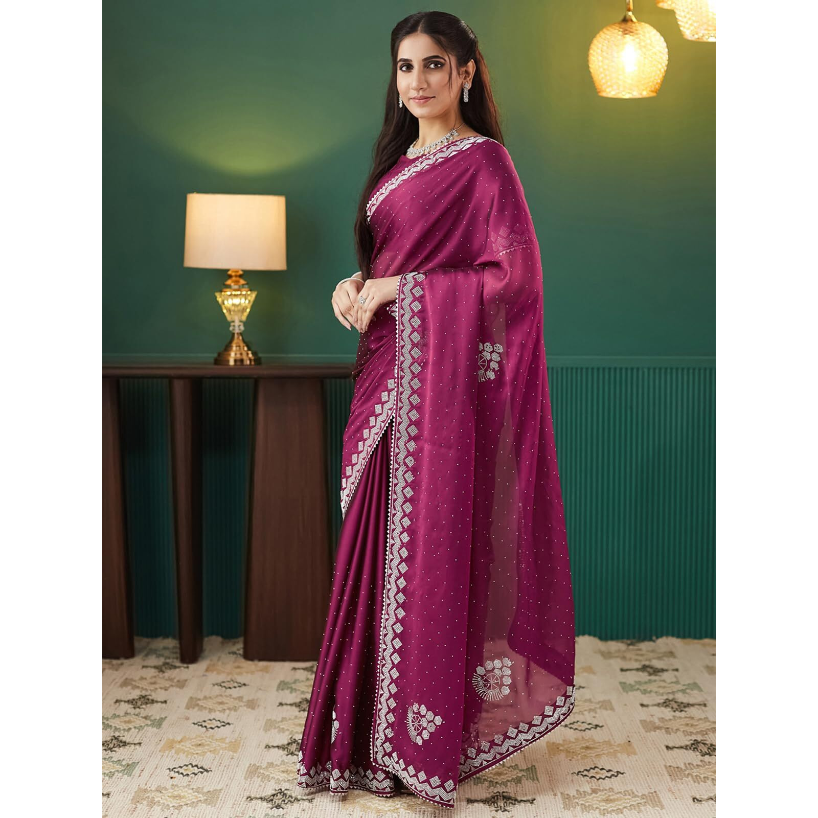 Satrani Women's Georgette Stone Work Saree With Unstitched Blouse Piece (4087S6465N_Burgundy)