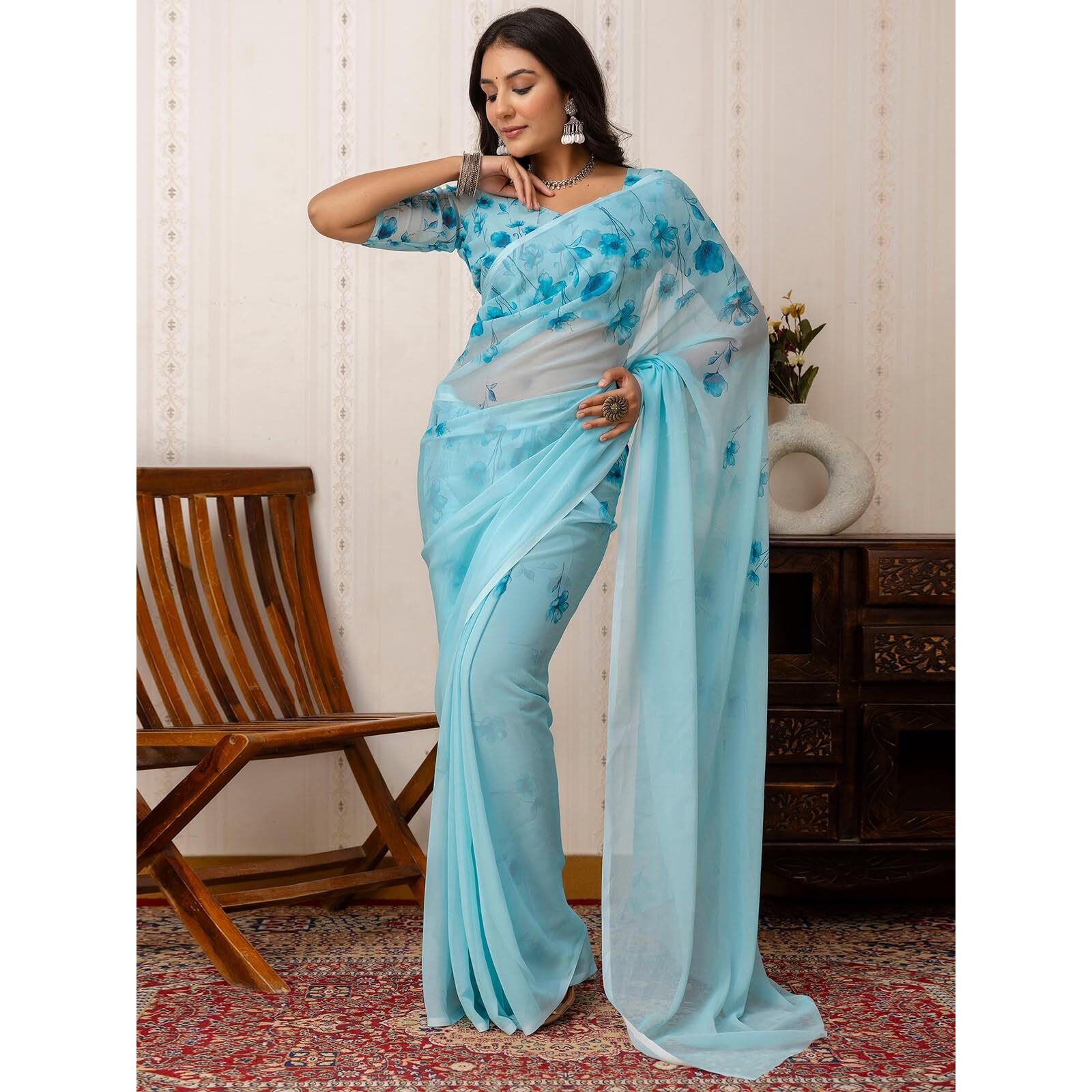 Satrani Women's Georgette Floral Printed Saree With Unstitched Blouse Piece (4141S6600N_Light Blue)