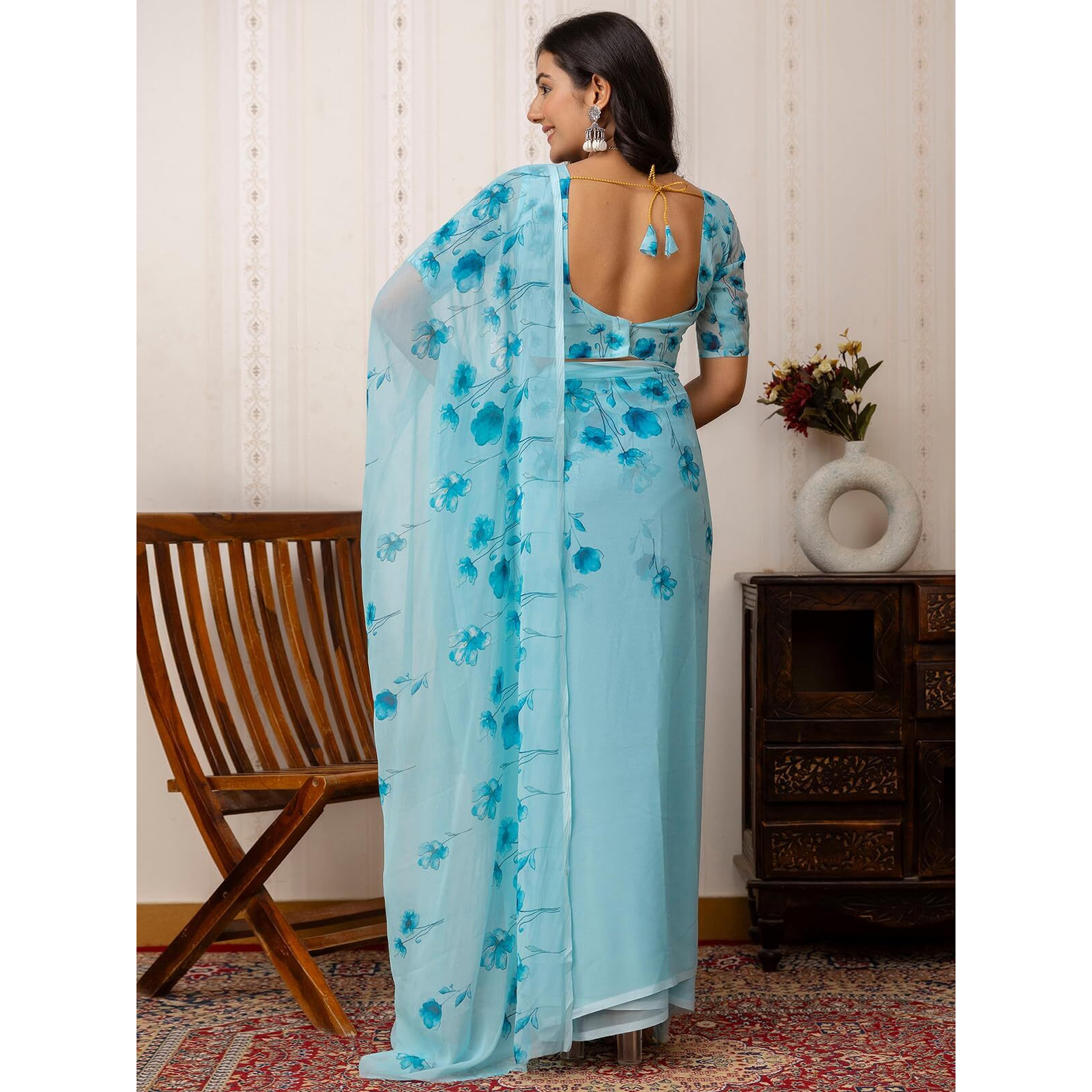 Satrani Women's Georgette Floral Printed Saree With Unstitched Blouse Piece (4141S6600N_Light Blue)