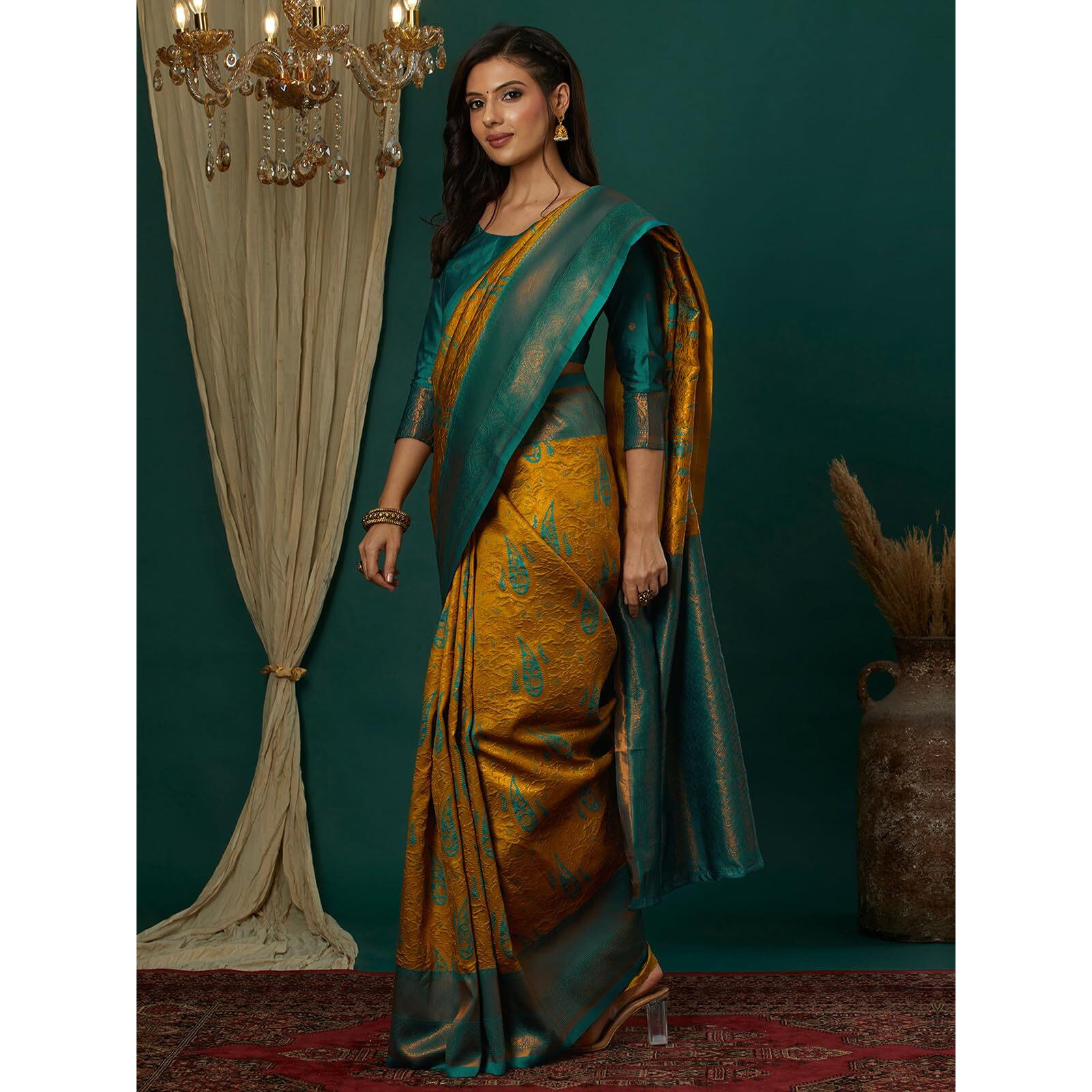 Satrani Women's Silk Blend Weaving Banarasi Saree With Unstitched Blouse Piece (4121S2913N_Mustard Yellow & Teal Green)
